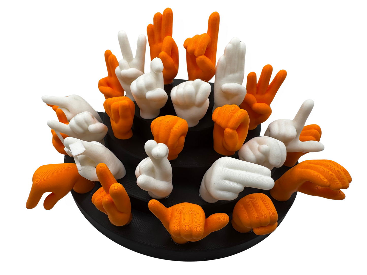 Set of orange and white hand gesture figures on a black base