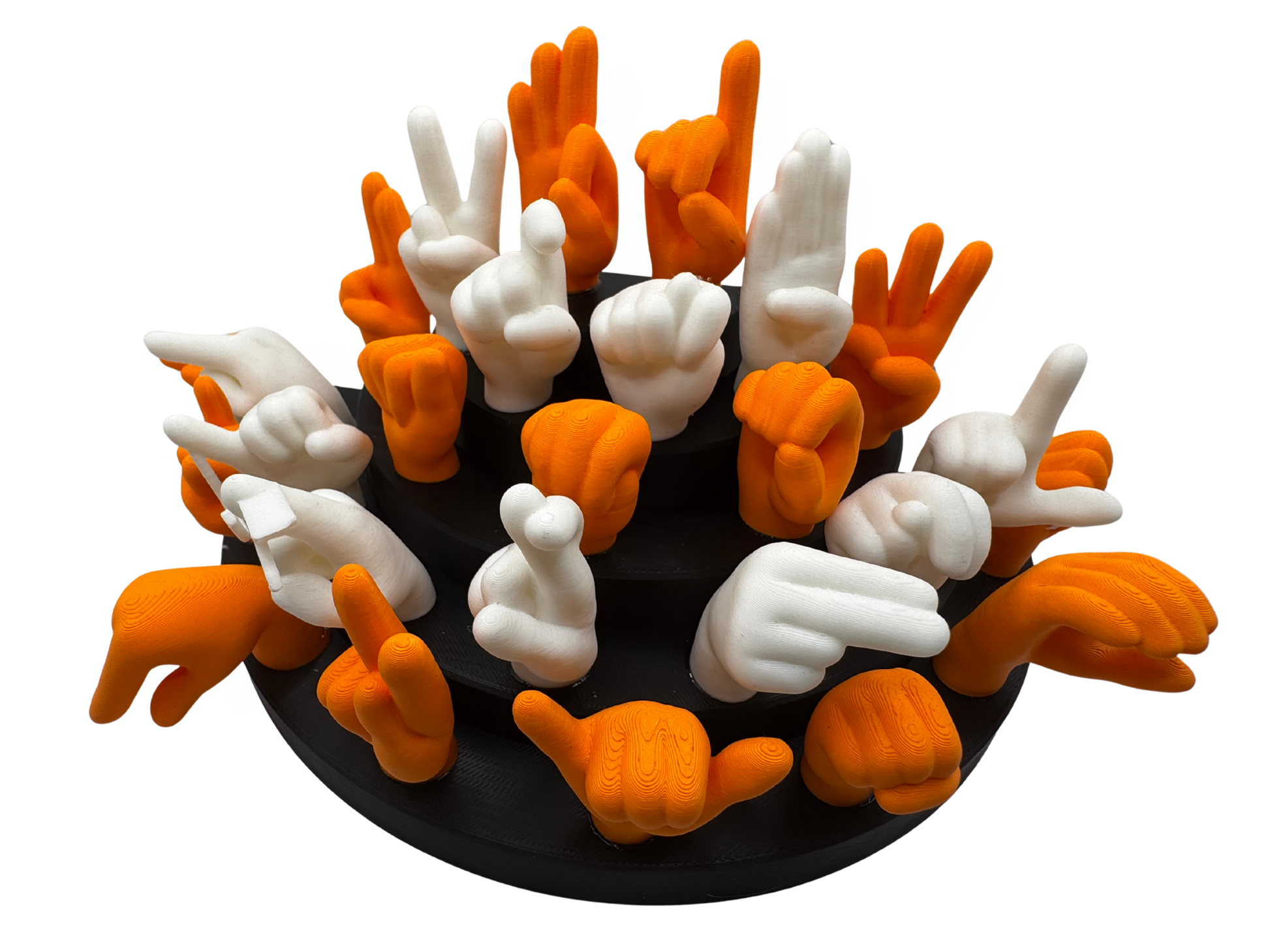 Set of orange and white hand gesture figures on a black base