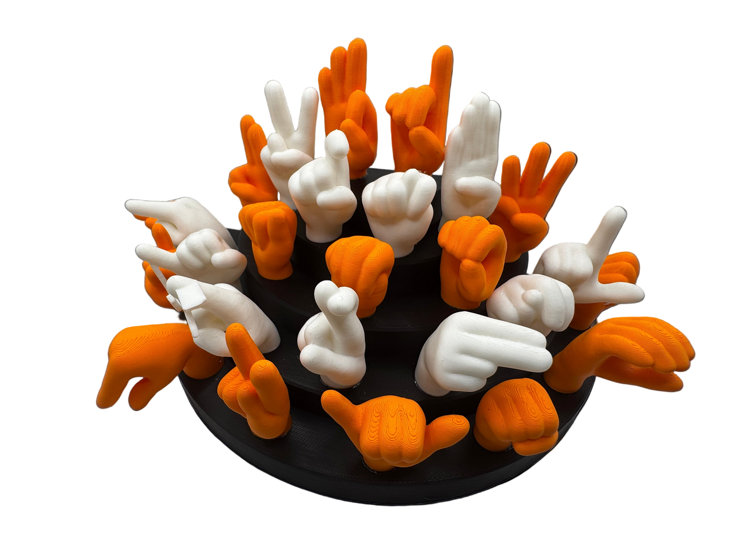 Set of orange and white hand gesture figures on a black base
