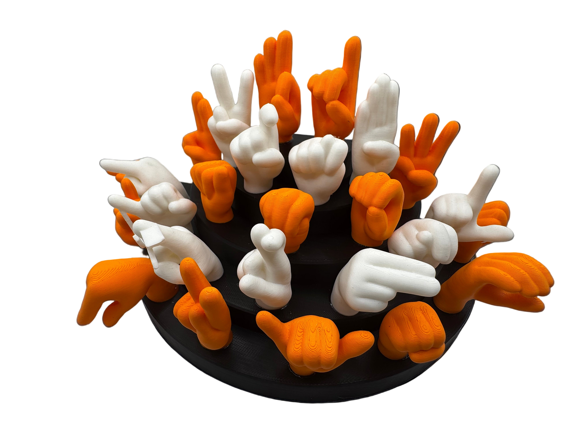 Set of orange and white hand gesture figures on a black base