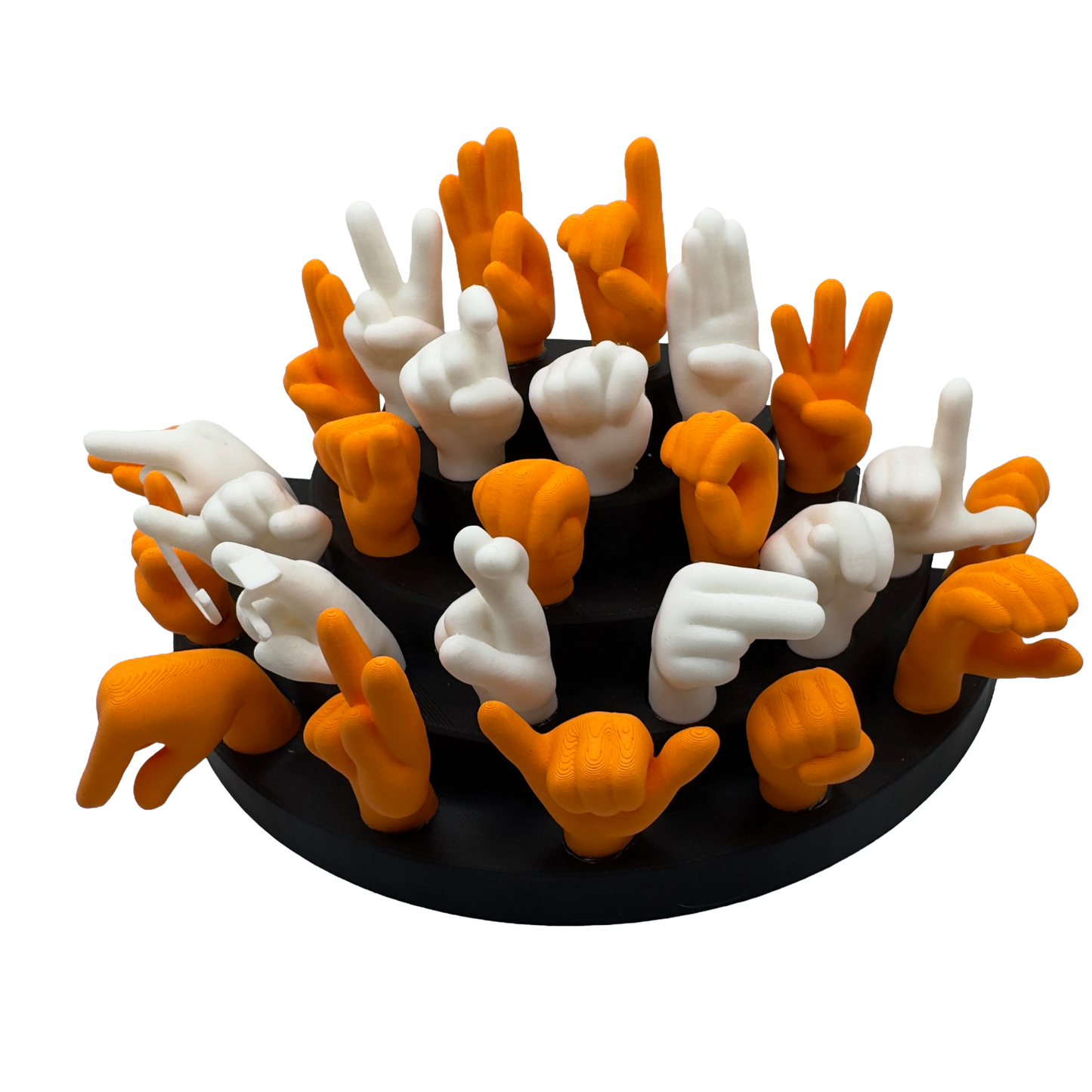 Set of orange and white hand gesture figures on a black base
