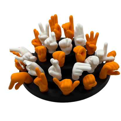Set of orange and white hand gesture figures on a black base