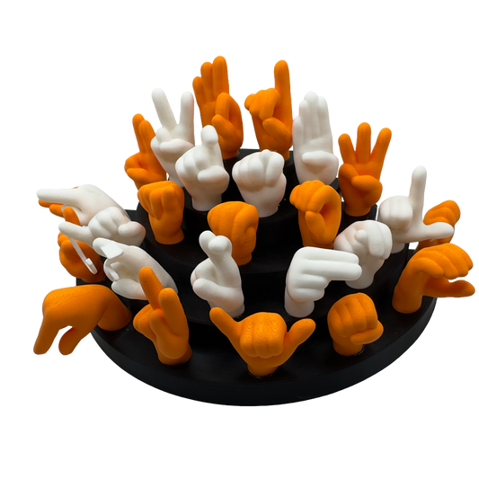 Set of orange and white hand gesture figures on a black base