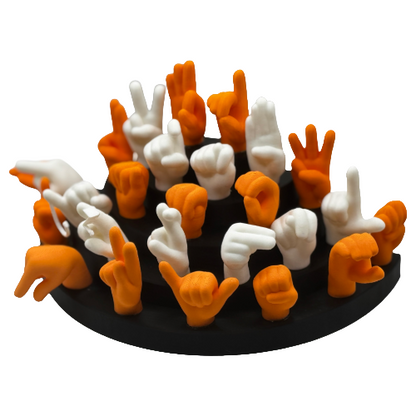 Set of orange and white hand gesture figures on a black base