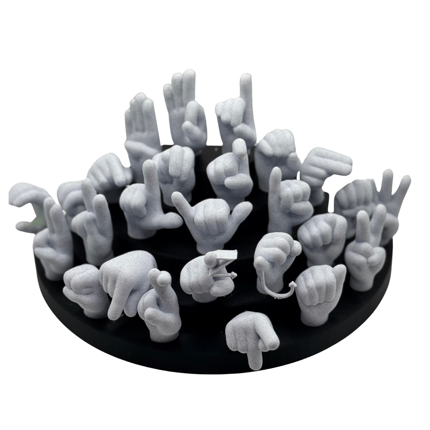 Black base with marble hand-shaped objects on a white background