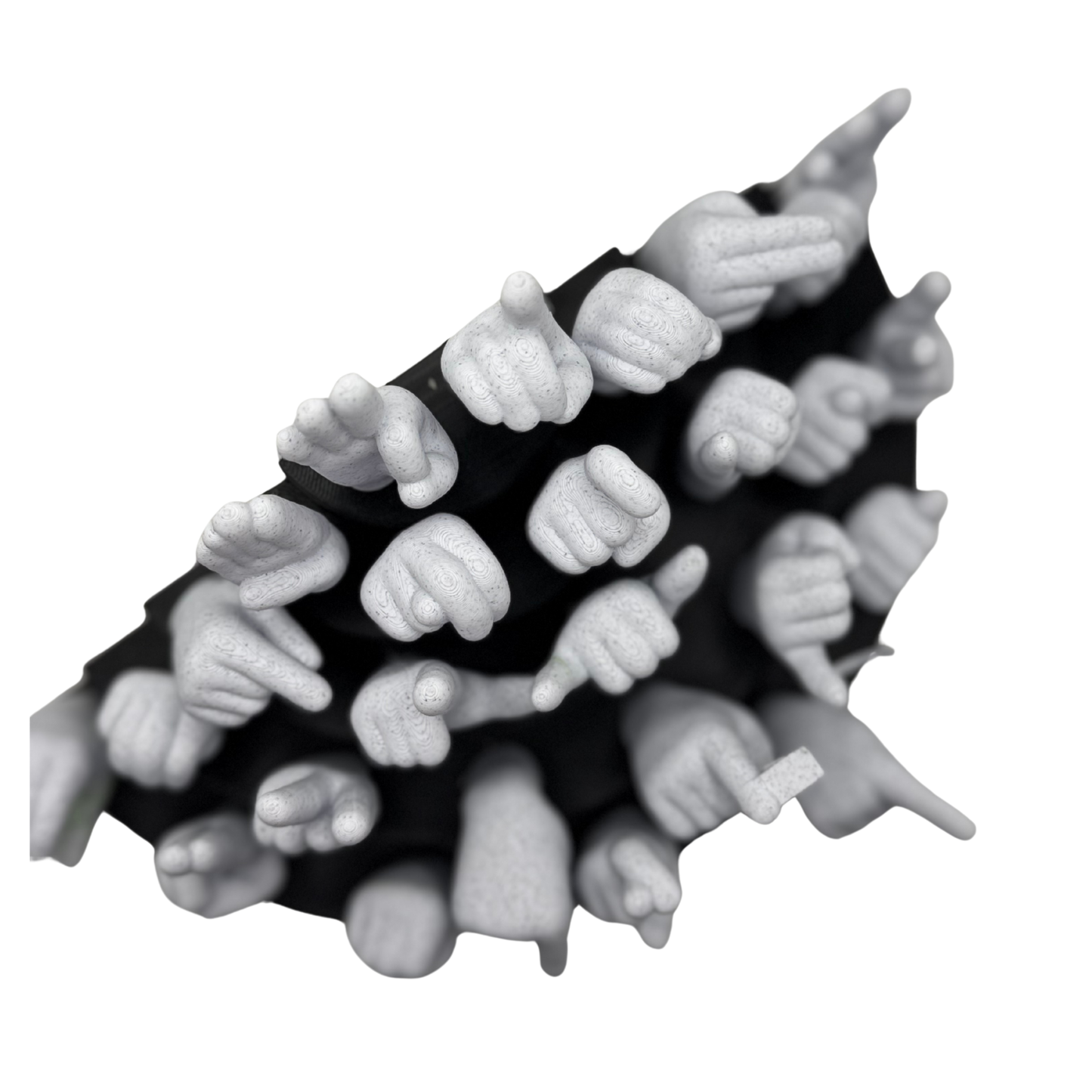 Black base with marble hand-shaped objects on a white background