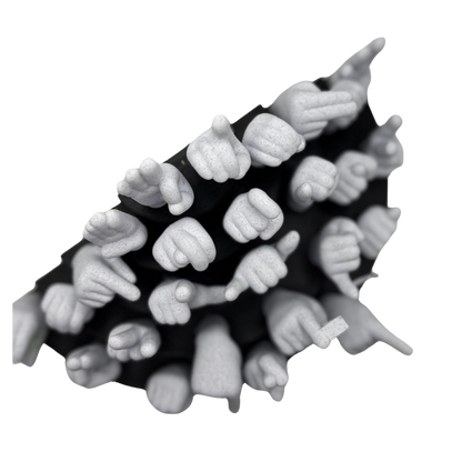 Black base with marble hand-shaped objects on a white background