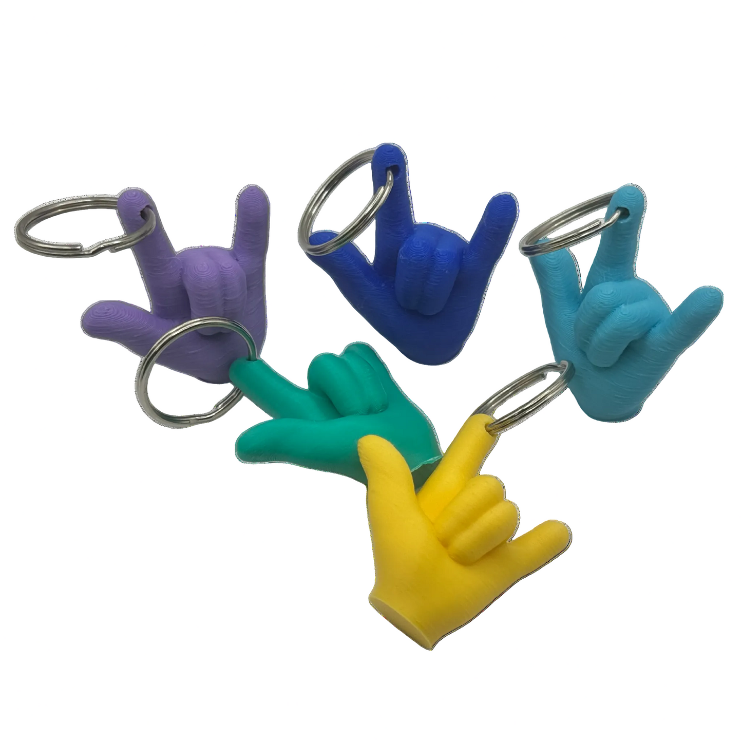 Five colorful ASL ILY keychains on a white background