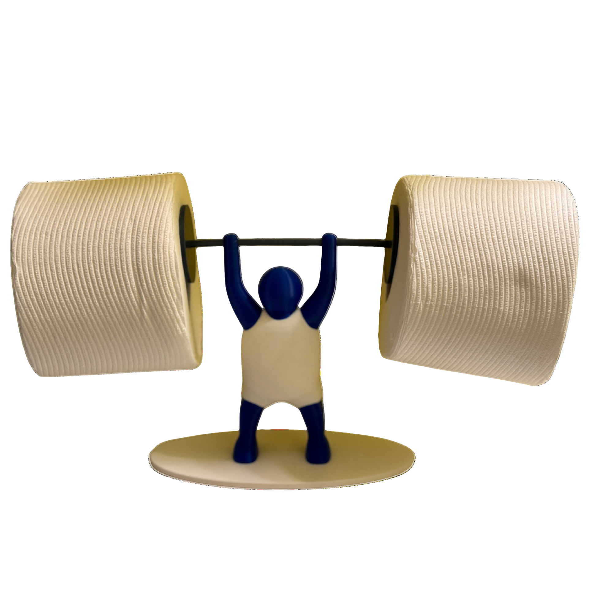 Figurine lifting two large toilet paper rolls on a white background